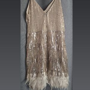 SHEIN Champagne Sequin Fringe Mini Dress with Feather Hem